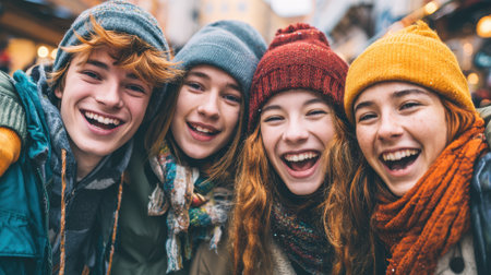 A joyful group of four friends stands close together in a bustling winter market. They wear colorful hats and scarves, sharing laughter and smiles against a festive backdrop.の素材