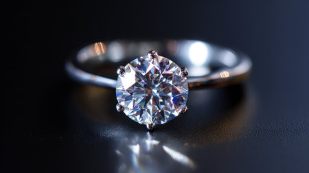 A beautifully crafted ring features a large diamond shining intensely against a dark background.の素材