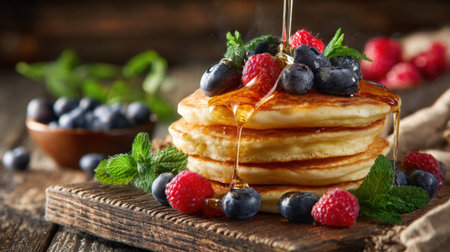 Delicious fluffy pancakes topped with vibrant berries and drizzled with honey on a rustic wooden table.の素材