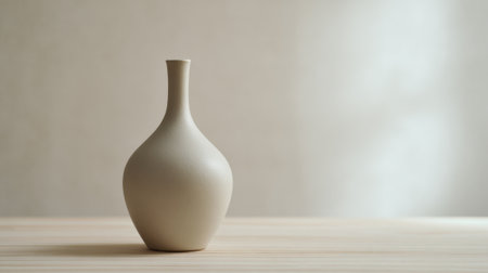 A simple beige ceramic vase stands alone on a light wooden surface. The soft curves and neutral color highlight a minimalist design, creating a calm and elegant atmosphere.の素材