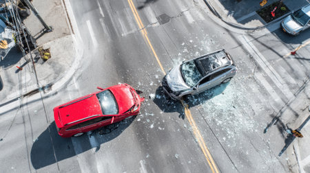 Two cars, one red and one gray, have crashed at a busy intersection. Glass and debris are scattered while nearby vehicles and street features can be seen.の素材