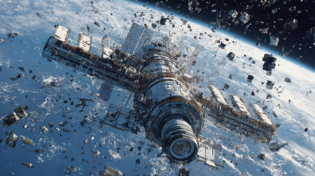 A large space station floats in low Earth orbit, surrounded by scattered pieces of debris. This scene highlights the growing issue of space junk that poses risks to space missions.の素材