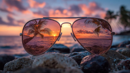 Tropical sunset seen through reflective sunglasses resting on rocky beach. Palms and colorful clouds create a serene atmosphere as day turns to night.の素材