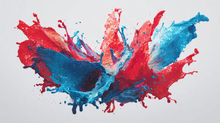 Vivid red and blue paint splashes dynamically merge in the air, creating an energetic visual impact against a simple gray backdrop, showing casing artistic expression.の素材