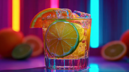 A refreshing cocktail with lemon and orange slices is presented in a clear glass filled with ice. The background features vibrant neon lights, creating a lively atmosphere.の素材