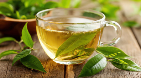 Fresh green tea steeping in a clear cup surrounded by vibrant leaves creates a peaceful scene.の素材
