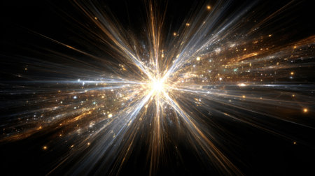A vivid burst of light radiates outward, surrounded by shimmering stars in a deep black background, creating a mesmerizing cosmic scene filled with energy and brilliance.の素材