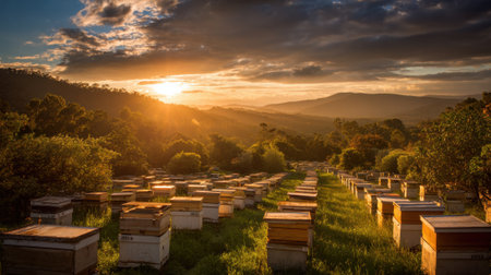 Sunset bathes a serene landscape with beehives highlighting natures beauty in the countryside.の素材