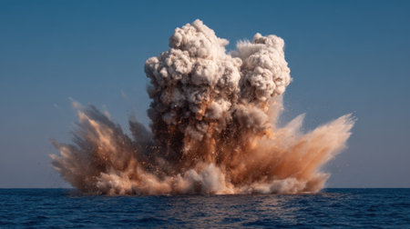 Powerful explosion creates towering clouds of smoke and water above the tranquil ocean during daylight.の素材