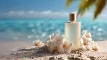 At a stunning beach, a glass bottle of fragrance rests on soft sand, decorated with white flowers. The tranquil ocean glimmers in the background under a colorful sunset.の素材