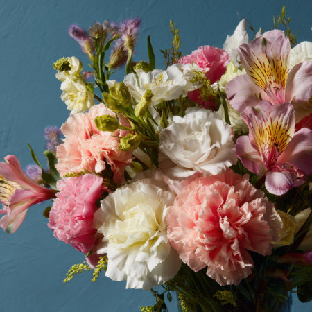 A bouquet features various pastel flowers like pink and white carnations, along with delicate lilies, arranged against a blue backdrop. The bouquet captures the essence of spring and floral beauty.の素材