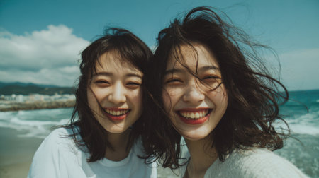 Two friends smile brightly while standing on the beach, enjoying the warm sun and gentle ocean breeze. Waves crash behind them, creating a joyful atmosphere.の素材