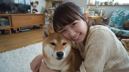 A joyful woman sits on a soft rug, hugging her shiba inu dog. Sunlight fills the cozy living room, which features charming decor and greenery. Happiness radiates from both.の素材