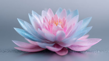 A beautiful water lily showcases soft pastel hues of pink and blue reflecting tranquility in still water.の素材