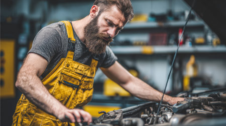 A man in yellow overalls focuses intently on fixing a car engine inside a busy workshop. Tools and equipment are organized around him as he performs maintenance.の素材