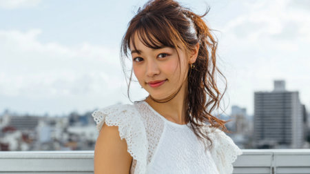 A woman stands on a rooftop, smiling brightly as she enjoys a sunny day. In the background, the city skyline reflects urban life and vibrancy, while she wears casual and stylish clothing.の素材