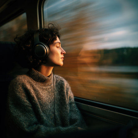 A woman sits by a train window, wearing headphones and lost in music. The autumn landscape outside blurs past, enhancing her moment of tranquility during dusk.の素材