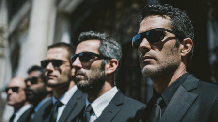 A group of well-dressed security personnel in black suits and sunglasses stand attentively outside a building. Their presence indicates an important event occurring nearby.の素材