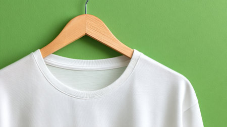 A clean white t-shirt is neatly hung on a wooden hanger against a bright green wall, creating a fresh and minimalist look in a modern space, ideal for casual wear.の素材