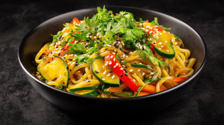 Colorful vegetable stir fry noodles topped with fresh herbs and sesame seeds create an appetizing dish.の素材
