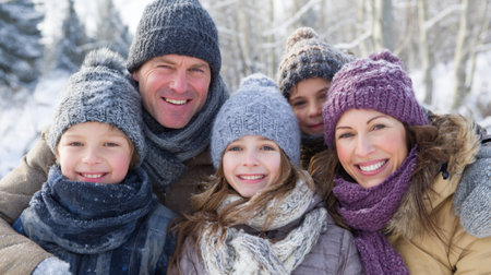 A joyful family stands together in a snowy forest, each member bundled up in warm hats and scarves. They smile widely, embracing the cold winter weather and each other.の素材