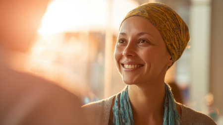 Bright sunlight fills the cafe as a woman with a headscarf shares a joyful conversation smiling warmly.の素材