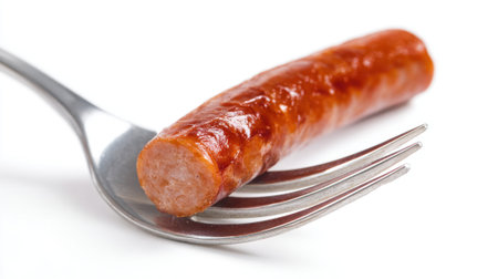 A grilled sausage rests on a fork, glistening with juices. It is perfect for a casual meal at a barbecue or picnic, highlighting delicious outdoor dining.の素材