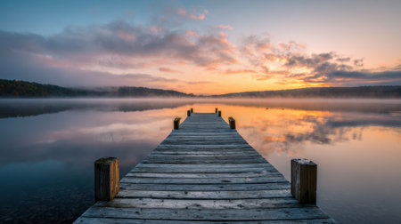 A serene sunrise paints the sky with colors above a tranquil lake. Wisps of fog hover over the water as a wooden pier extends into the scene, inviting reflection and relaxation.の素材