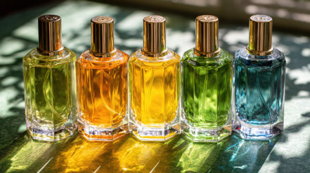 Five vibrant perfume bottles showcase their colors while sunlight creates playful patterns around them.の素材