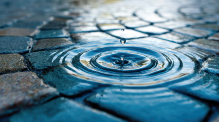 A single water droplet falls onto a blue-tiled surface, creating circular ripples that spread outward. The scene captures a moment of calmness and beauty in nature.の素材