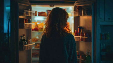 A person stands in front of an open refrigerator during the night, bathed in soft light. The refrigerator contains a variety of food items and beverages, creating a cozy atmosphere.の素材