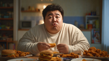 A man sits at a table filled with fried chicken and burgers, looking content as he enjoys his meal in a cozy home setting during the evening.の素材