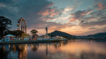 A lively carnival scene on the waterfront during sunset. Colorful lights illuminate rides, while clouds scatter across the sky, reflecting beautifully in the water.の素材