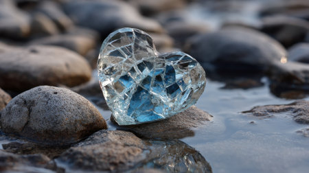 A heart-shaped glass piece sits atop smooth stones beside a calm water area. The sunlight reflects off the glass, creating a beautiful, tranquil scene full of nature's charm.の素材
