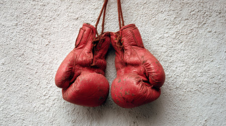 A pair of worn red boxing gloves hangs against a textured white wall symbolizing hard work and dedication.の素材
