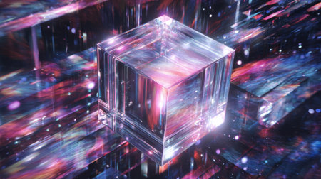 A stunning crystal cube floats in a colorful cosmic environment filled with light and reflections.の素材