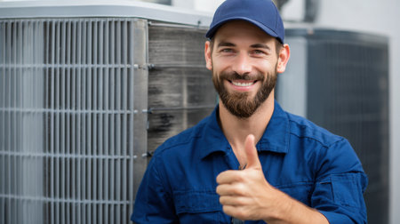 Happy technician smiles and shows approval next to air conditioning systems in warm weather.の素材