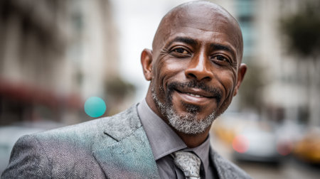 A well dressed man with a charming smile stands on a lively city street bustling with activity.の素材