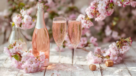 Two elegant glasses filled with sparkling pink drink sit among cherry blossoms on a wooden table.の素材
