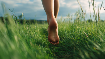 Bare feet touch the soft grass as the sun shines warmly on a serene afternoon walk.の素材