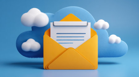 A cheerful yellow envelope hovers against a blue sky with fluffy clouds symbolizing messages and connection.の素材