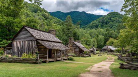 A peaceful village features wooden cabins nestled among trees with rolling green hills in the background.の素材