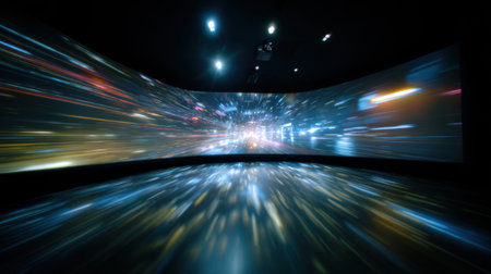 A vibrant cityscape experience features swirling lights and colors capturing the essence of urban life.の素材