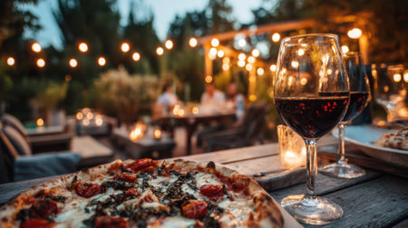 Friends enjoy a delightful dinner featuring pizza and wine in a beautifully lit garden.の素材