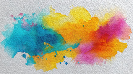 Colorful watercolor paint splashes create a lively composition with shades of blue, yellow, orange, and pink on textured paper, showing artistic expression and creativity.の素材