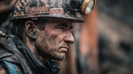 Miner stands in a shadowy area dirt smudged on his skin reflecting determination and hard work.の素材