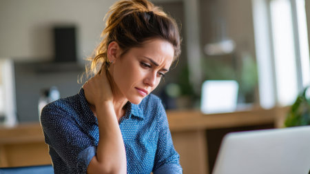 A woman sits at her desk rubbing her neck while focused on her laptop showing signs of discomfort.の素材