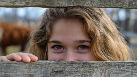 A girl peeks through a rustic wooden fence showing curiosity and delight while cows linger in the background.の素材