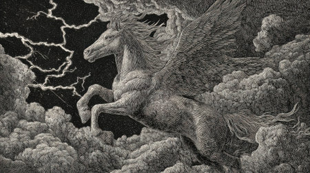 A majestic winged horse gallops through turbulent clouds as lightning strikes nearby.の素材