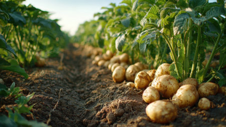 Rows of vibrant green potato plants showcase a bountiful harvest under warm morning sunlight.の素材